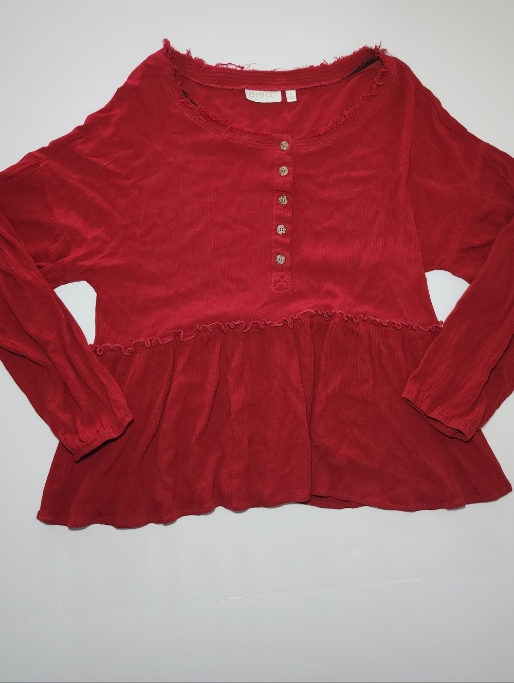 Baku Peplum Long Sleeve Top Red Button Front Distressed Size Large